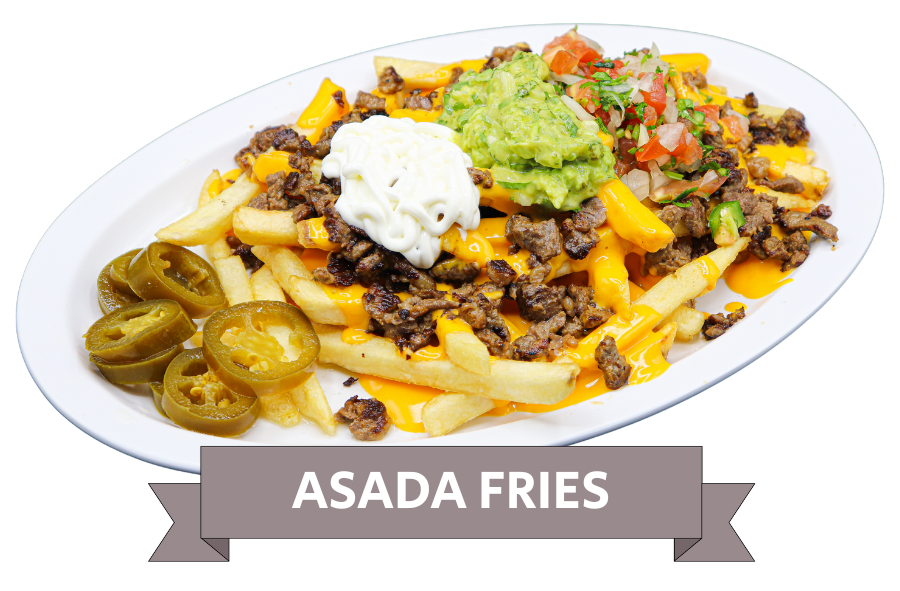 Asada Fries at La Carreta topped with guacamole, sour cream, nacho cheese and pickled jalapenos