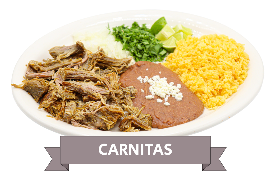 Carnitas plate at La Carreta with rice and beans with cilantro and onions