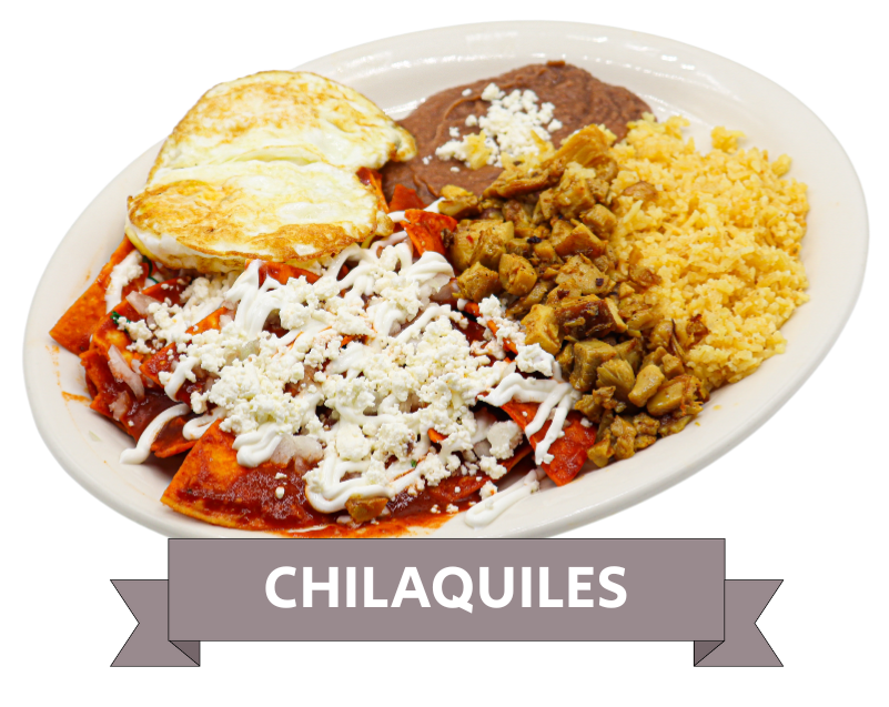 Chilaquiles at La Carreta served with eggs, meat, rice and bean and topped with crema and cheese