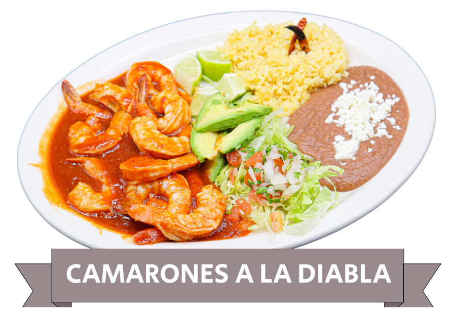 Camarones a la diabla with rice and beans with avocado at La Carreta