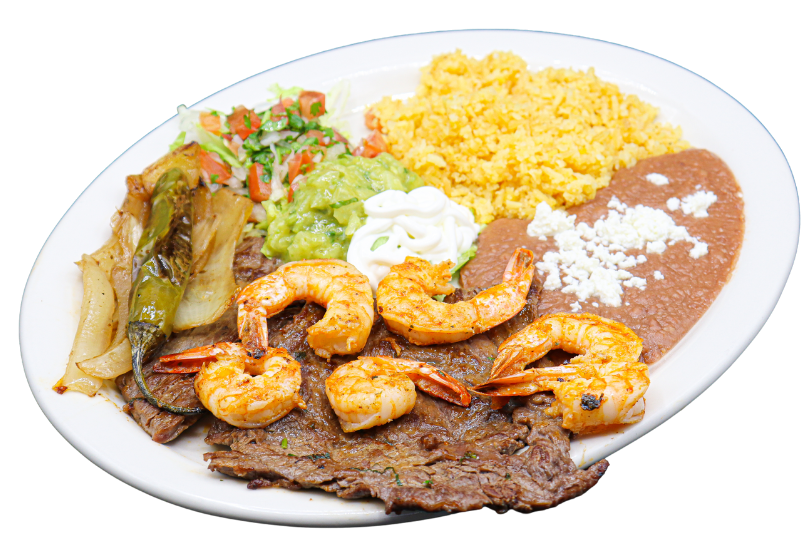 Carne Asada served with Camarones/Shrimp on top served with rice, beans, guacamole and sour cream